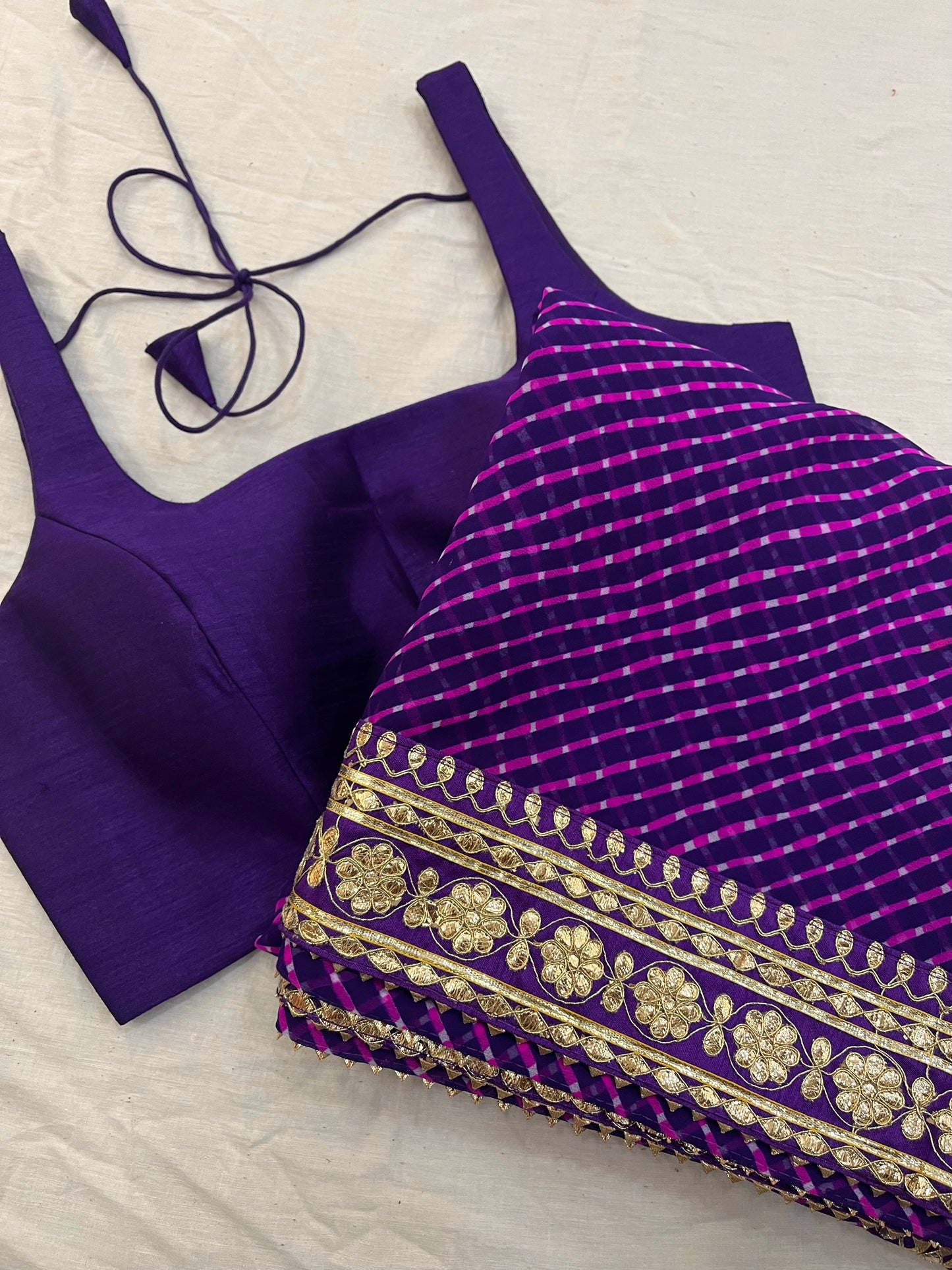 Purple Mothda Lehriya Saree Blouse Combo Set