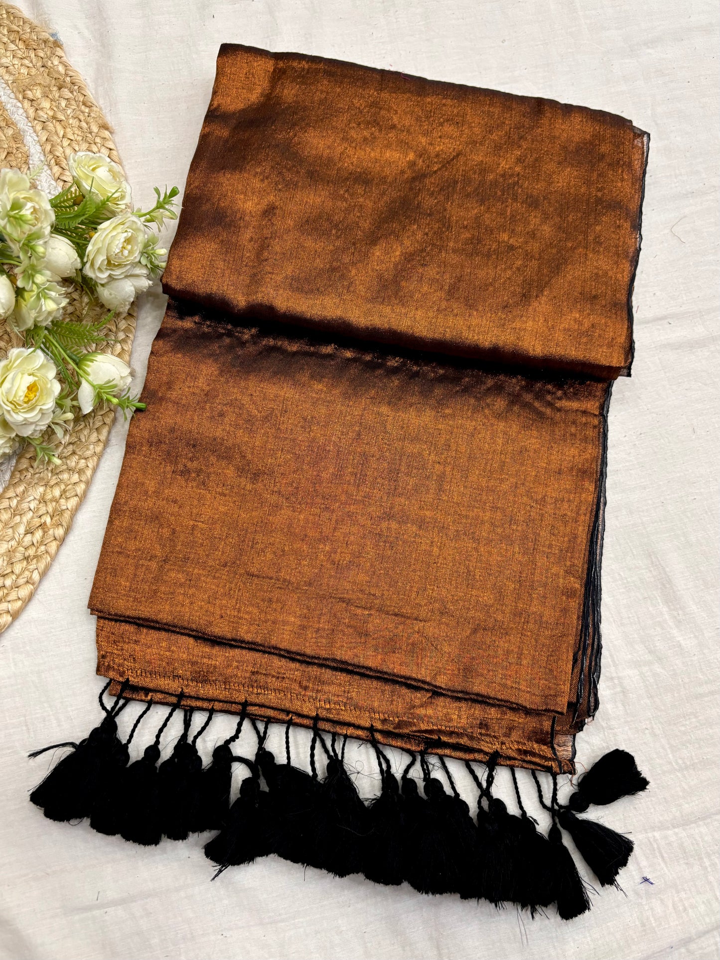 Copper Tissue Mulmul Saree