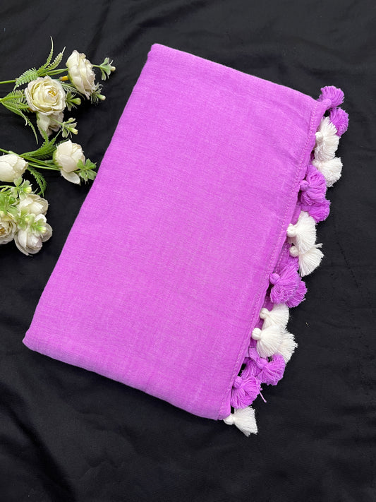 Lilac White Mulmul Cotton Saree