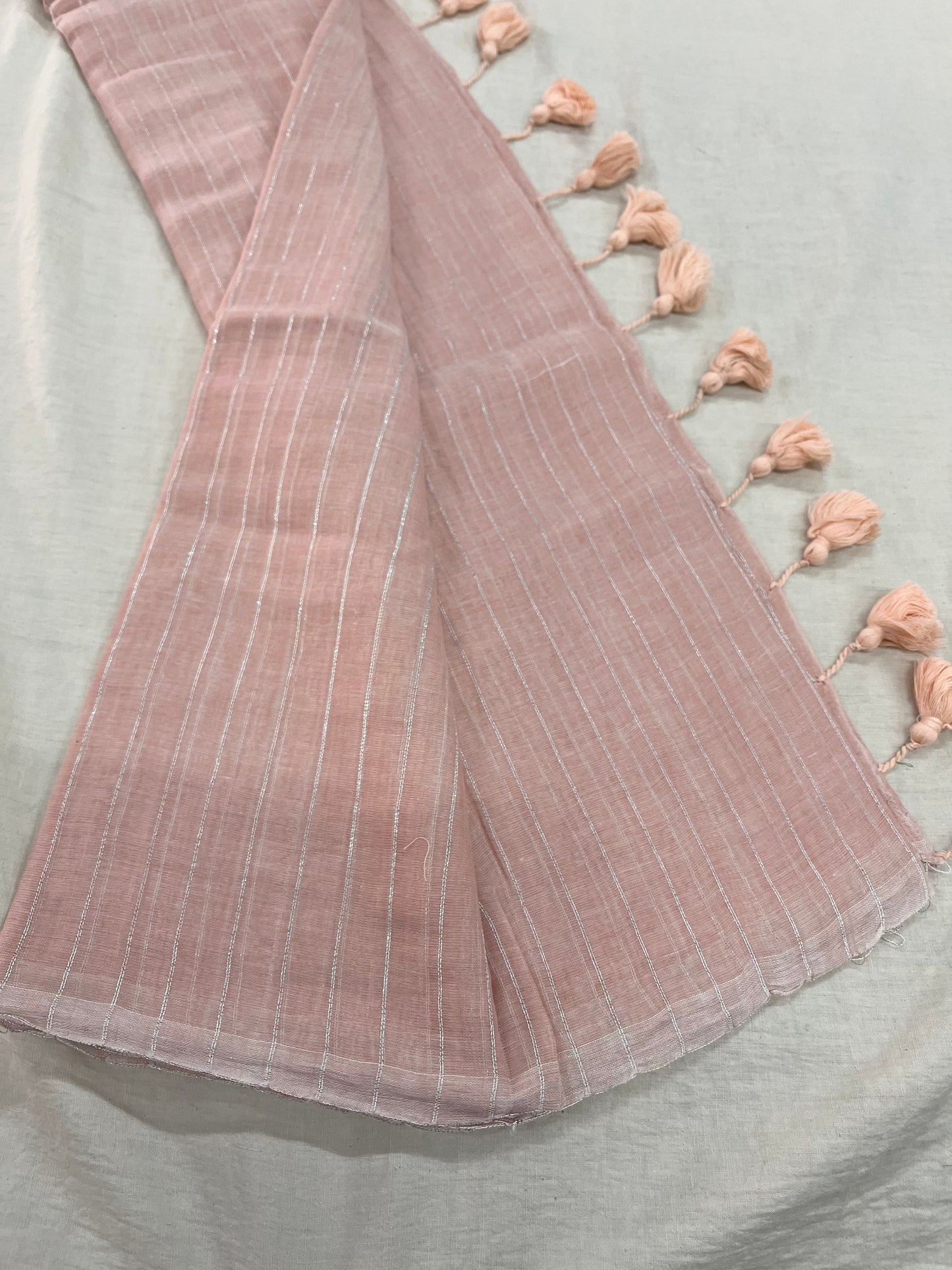 Oyster Pink Zari Lines Mulmul Saree