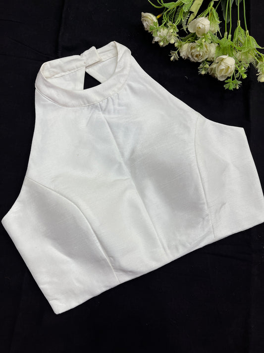 White Halter Neck Raw Silk Blouse