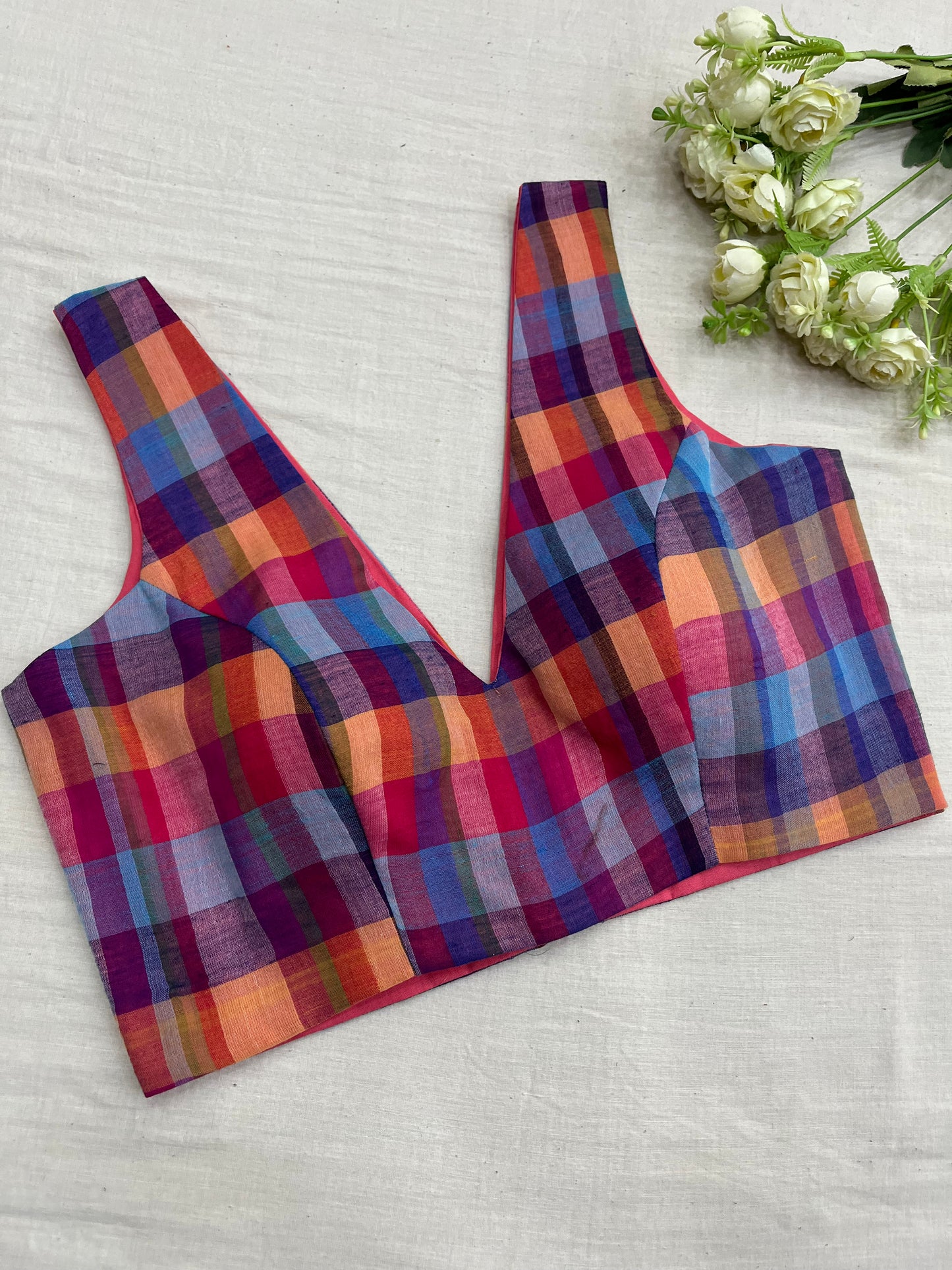 Rainbow Checks V-Neck Mulmul Cotton Sleeveless Blouse