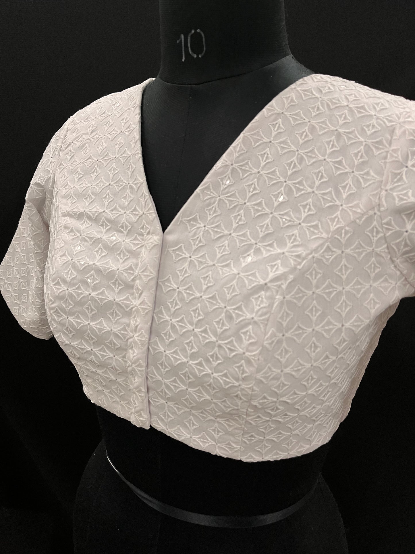 White Chikan-Kari Sequins Elbow Sleeves Blouse