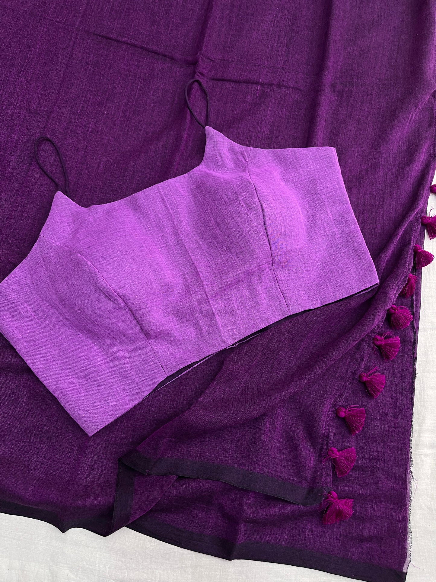 Purple Lilac Mulmul Saree Blouse Set