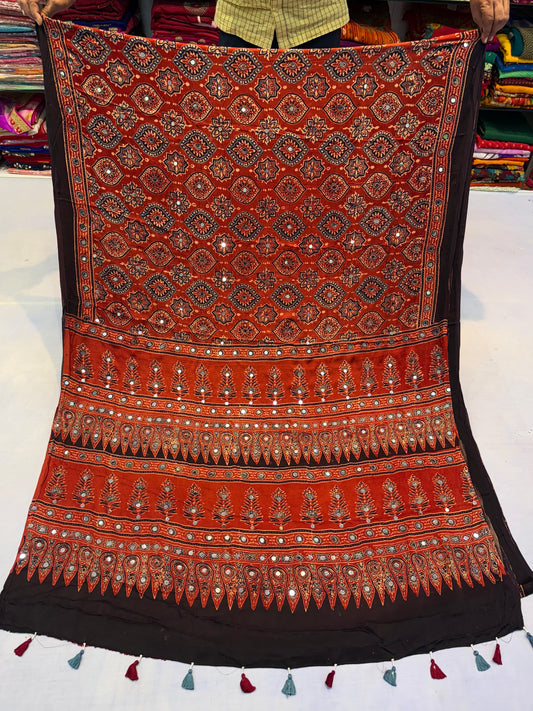 Red Badam Ajrakh Mirror Work Saree (Dispatch Start Jan 20th)
