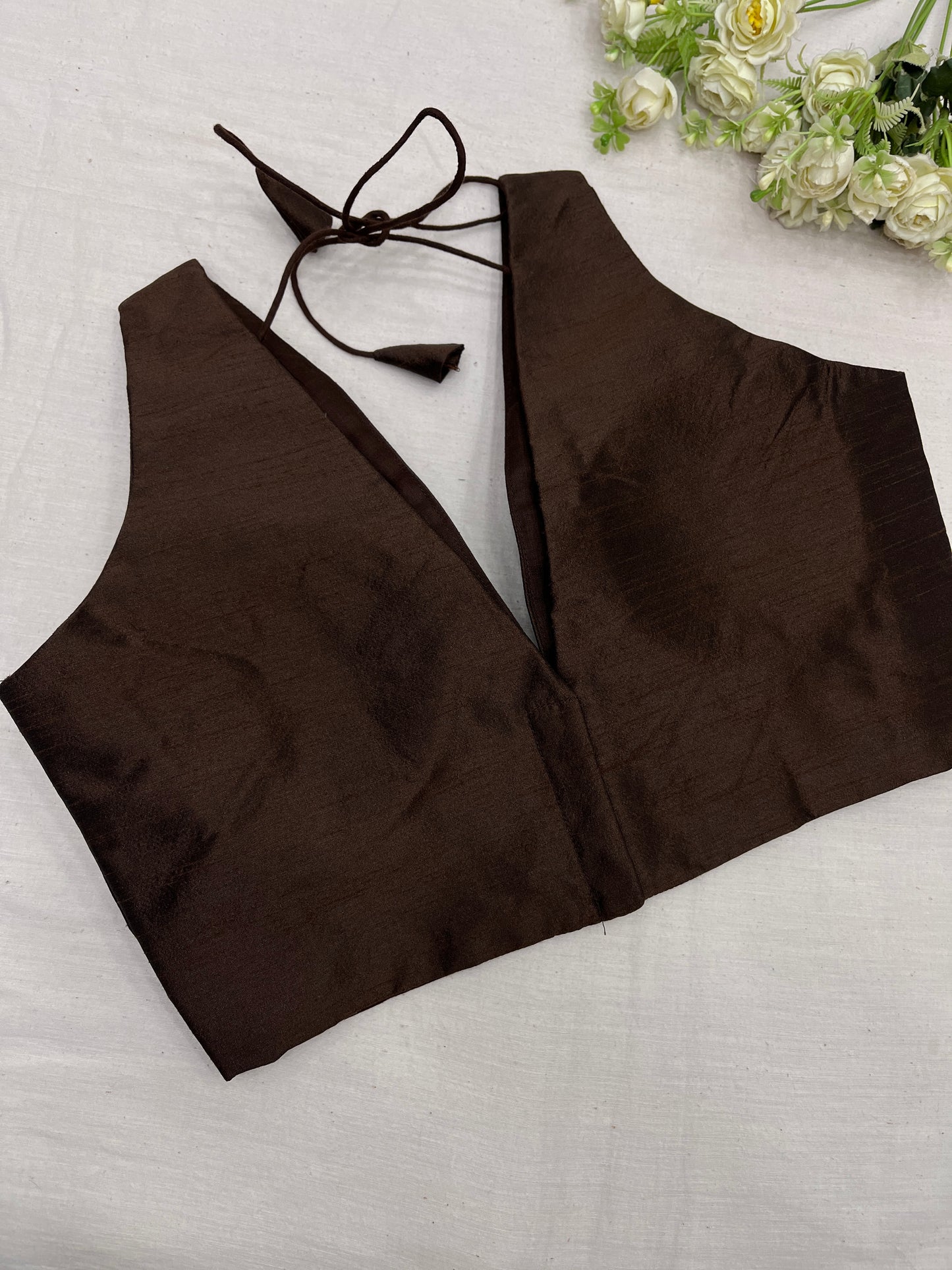 Coffee Cross Belt Raw Silk Blouse