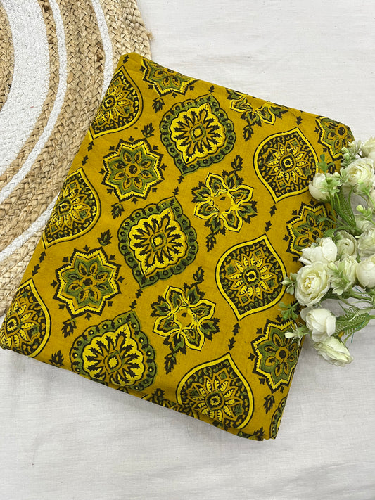 Badam Yellow Green Ajrakh Fabric
