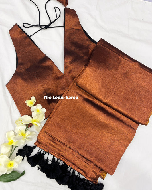 Copper Tissue Mulmul Saree Blouse Set