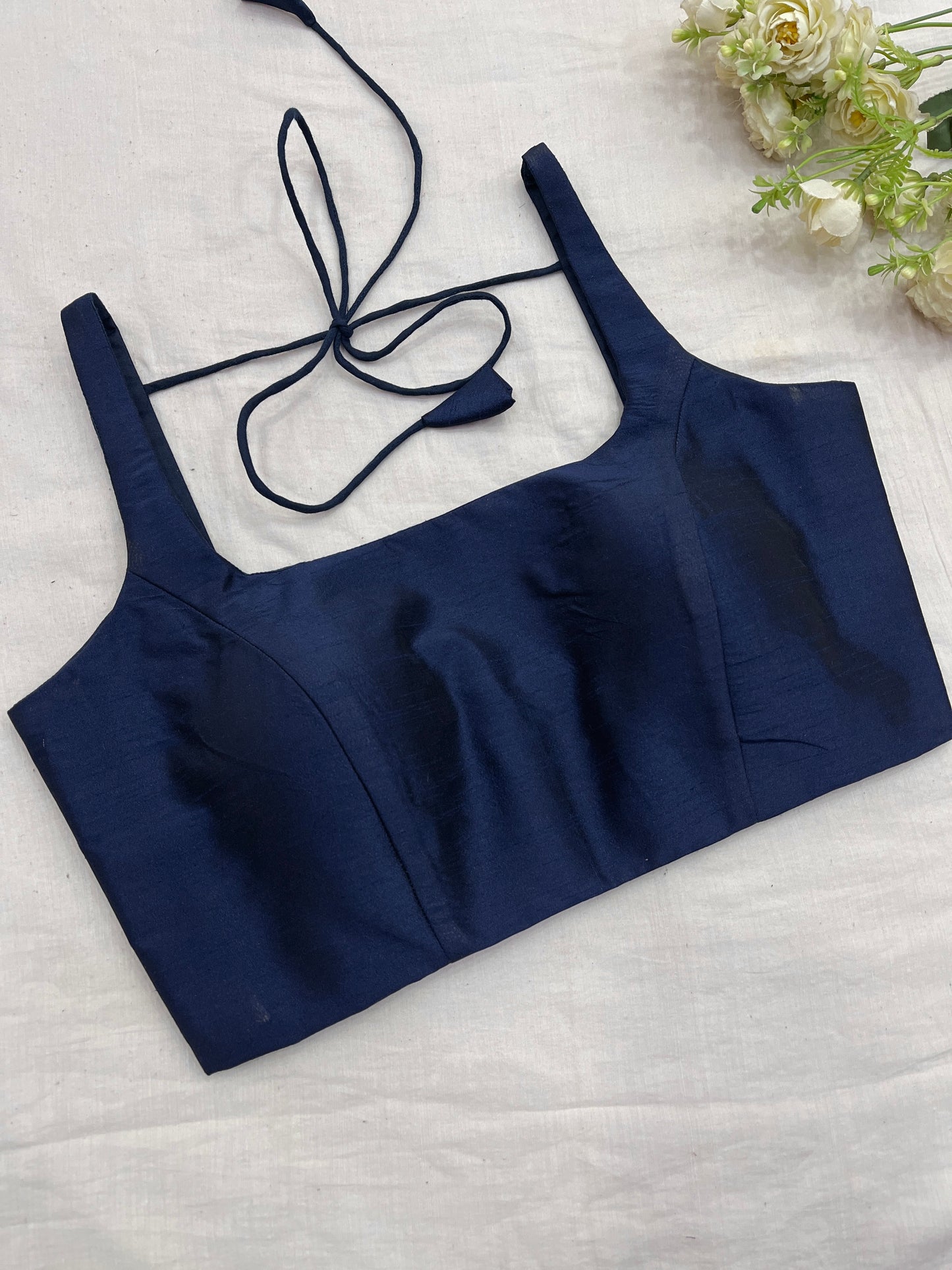 Navy Raw Silk Basic Strap Blouse