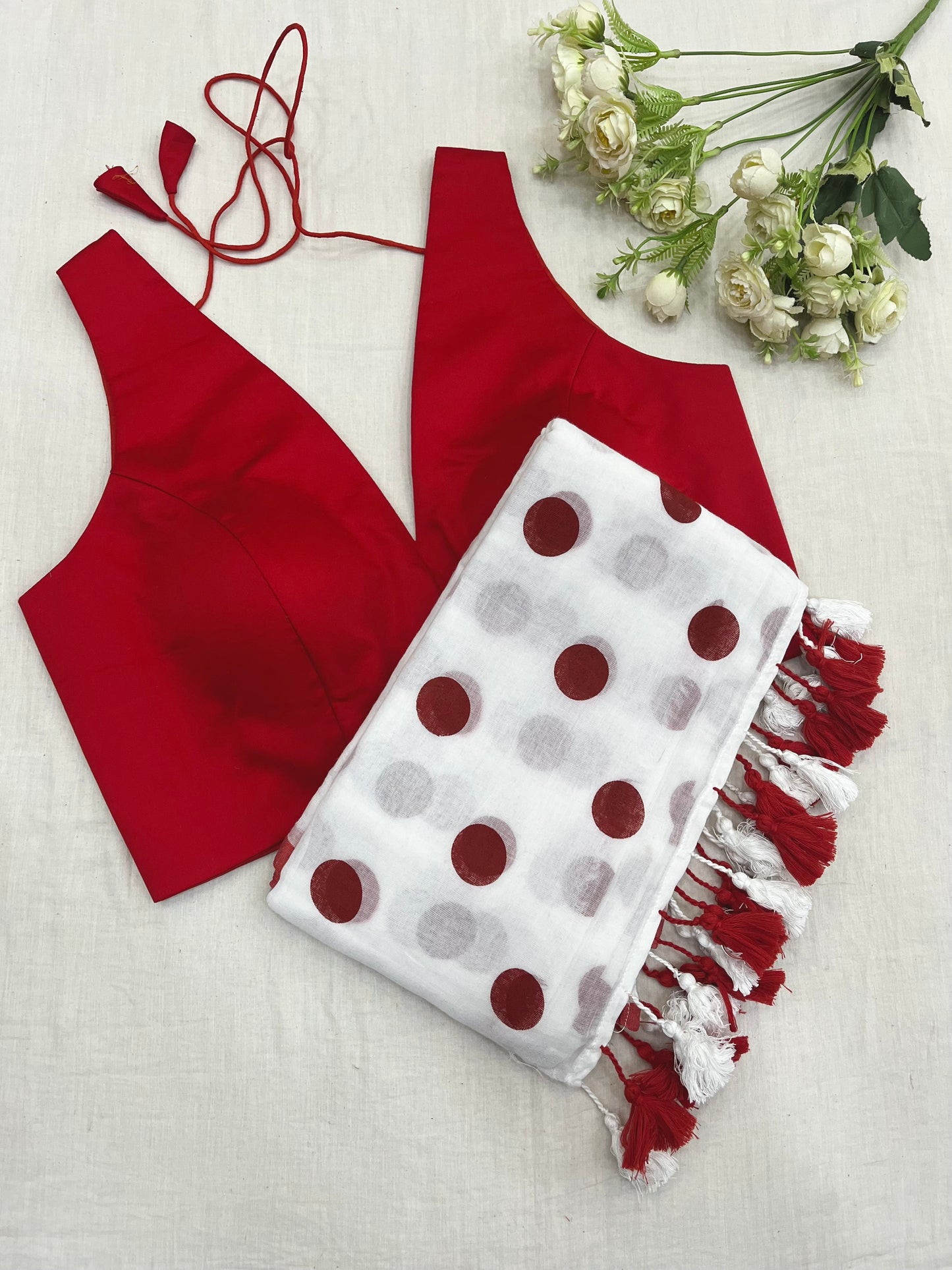 Red White Polka Dot Red V Neck Combo Set