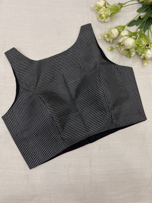 Black Boat Neck Ilkal Checks Sleeveless Blouse