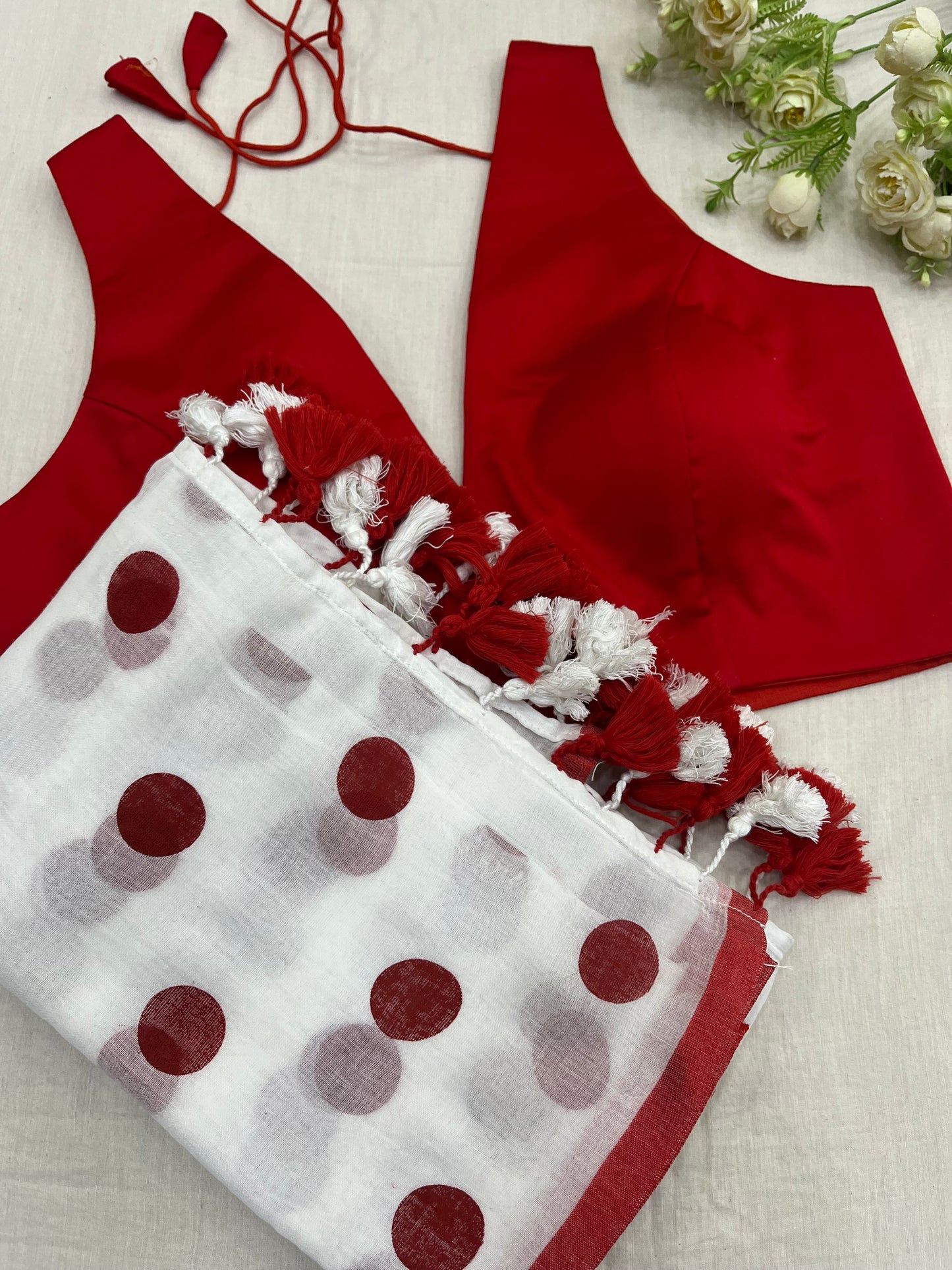 Red White Polka Dot Red V Neck Combo Set