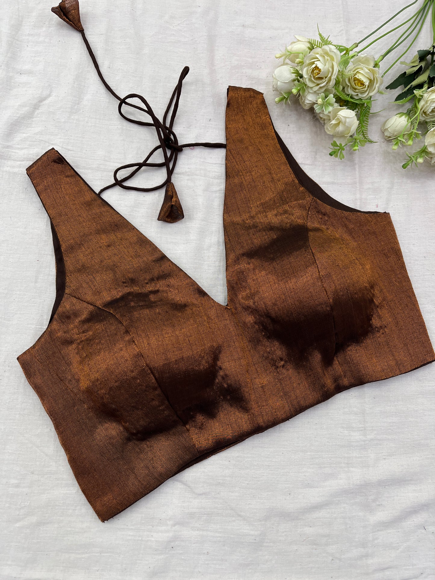 Copper Tissue Mulmul V Neck Blouse