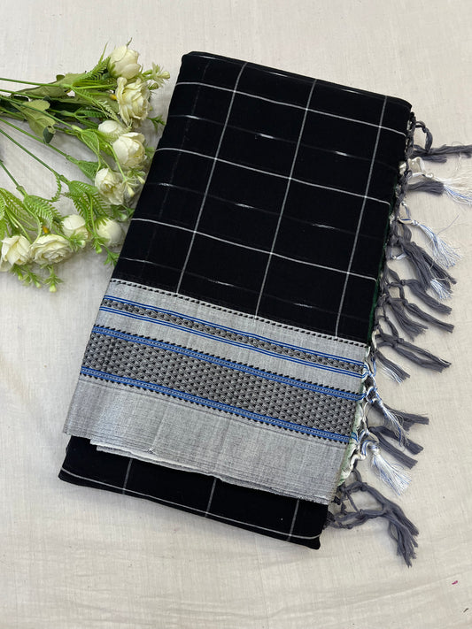 Black Grey Box Checks Ilkal Saree