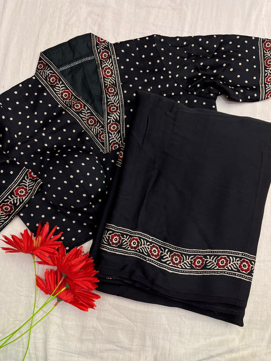 Retro Dotted Black Ajrakh Saree Blouse Combo Set