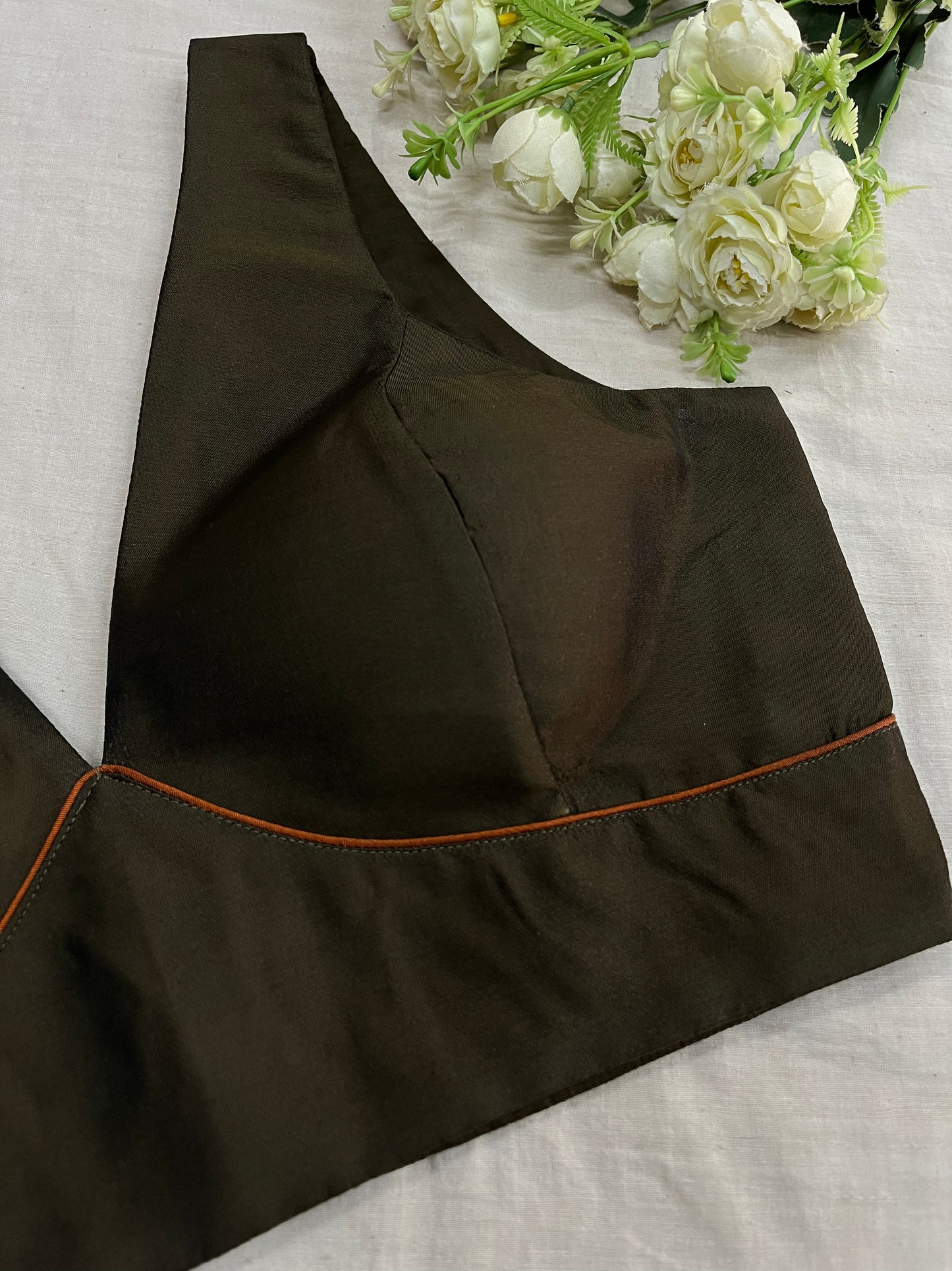 Olive Brown Orange Arch Belt V Neck Silk Blouse