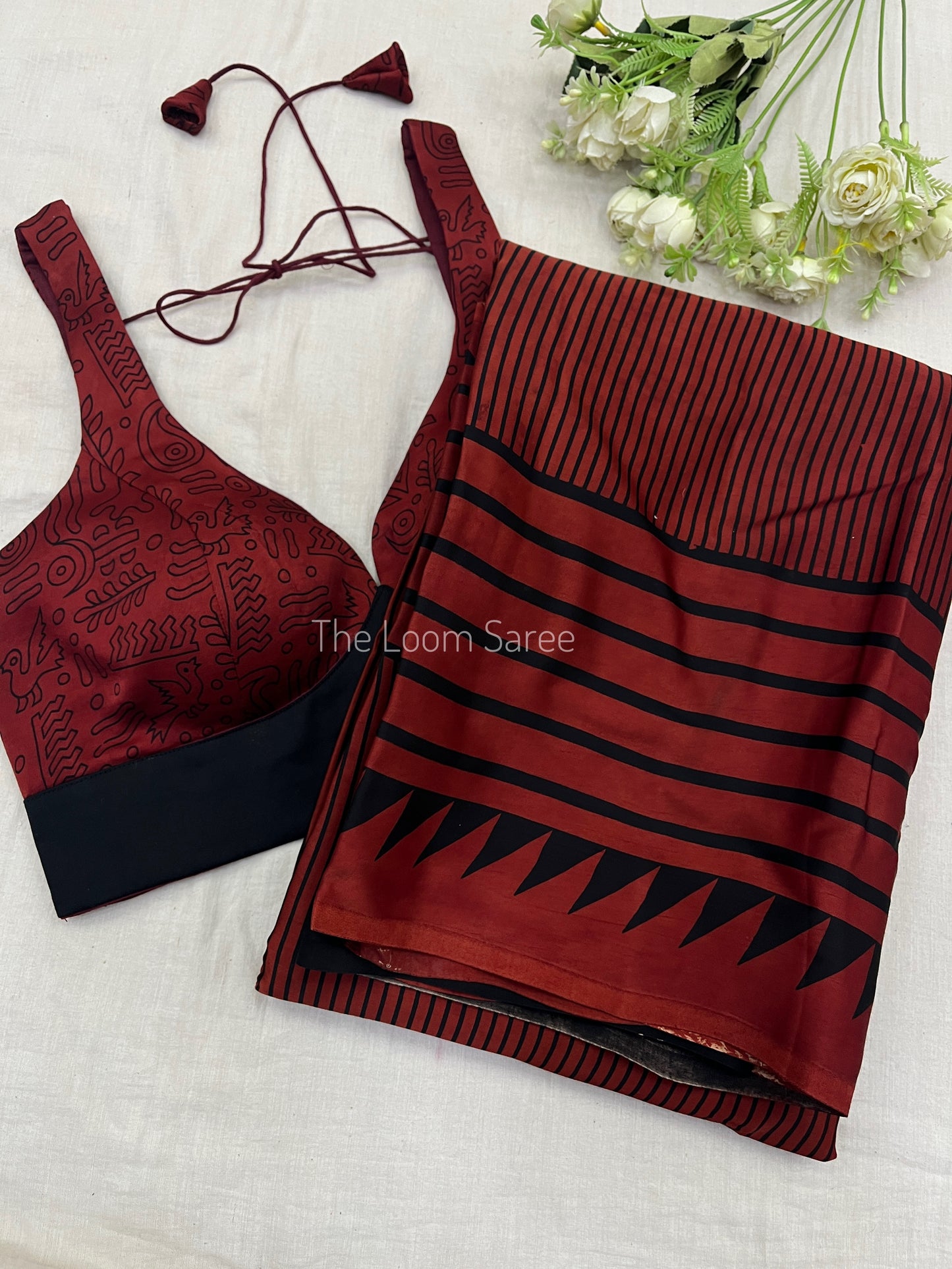 Bloody Red Abstract Ajrakh Saree Blouse Set