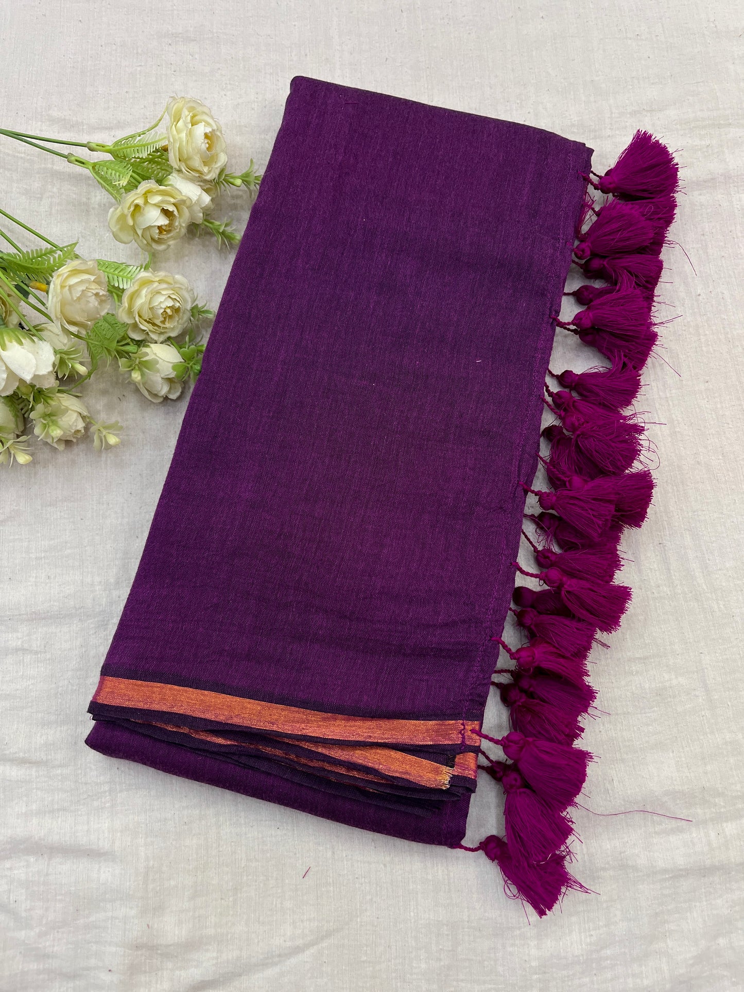 Purple Copper Zari Border Mulmul Saree