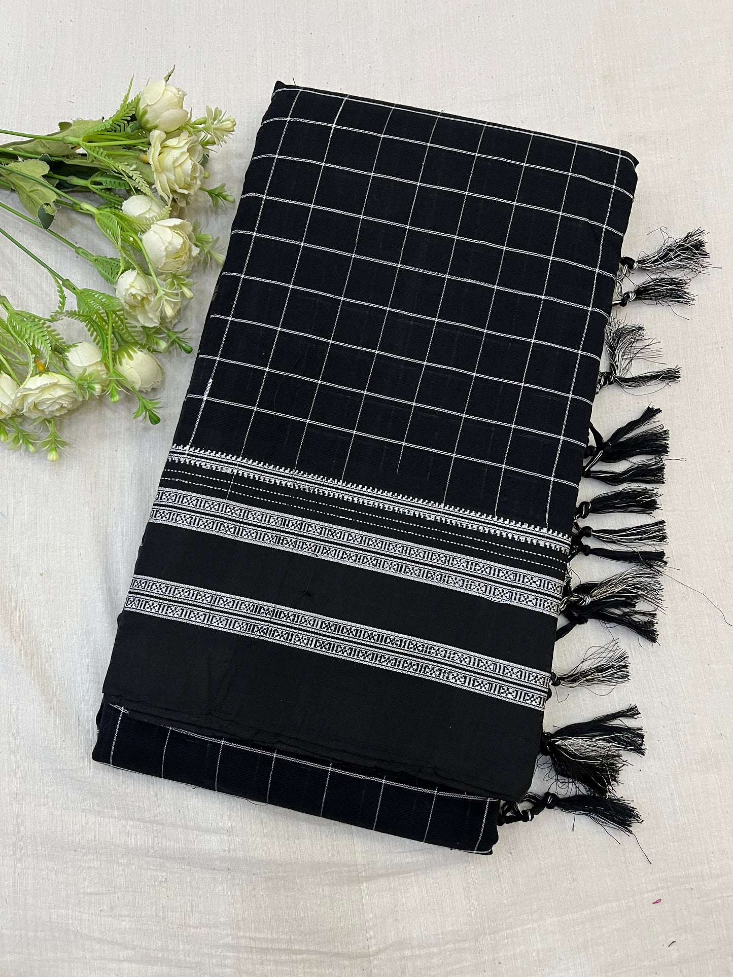 Black White Cotton Checks Ilkal Saree