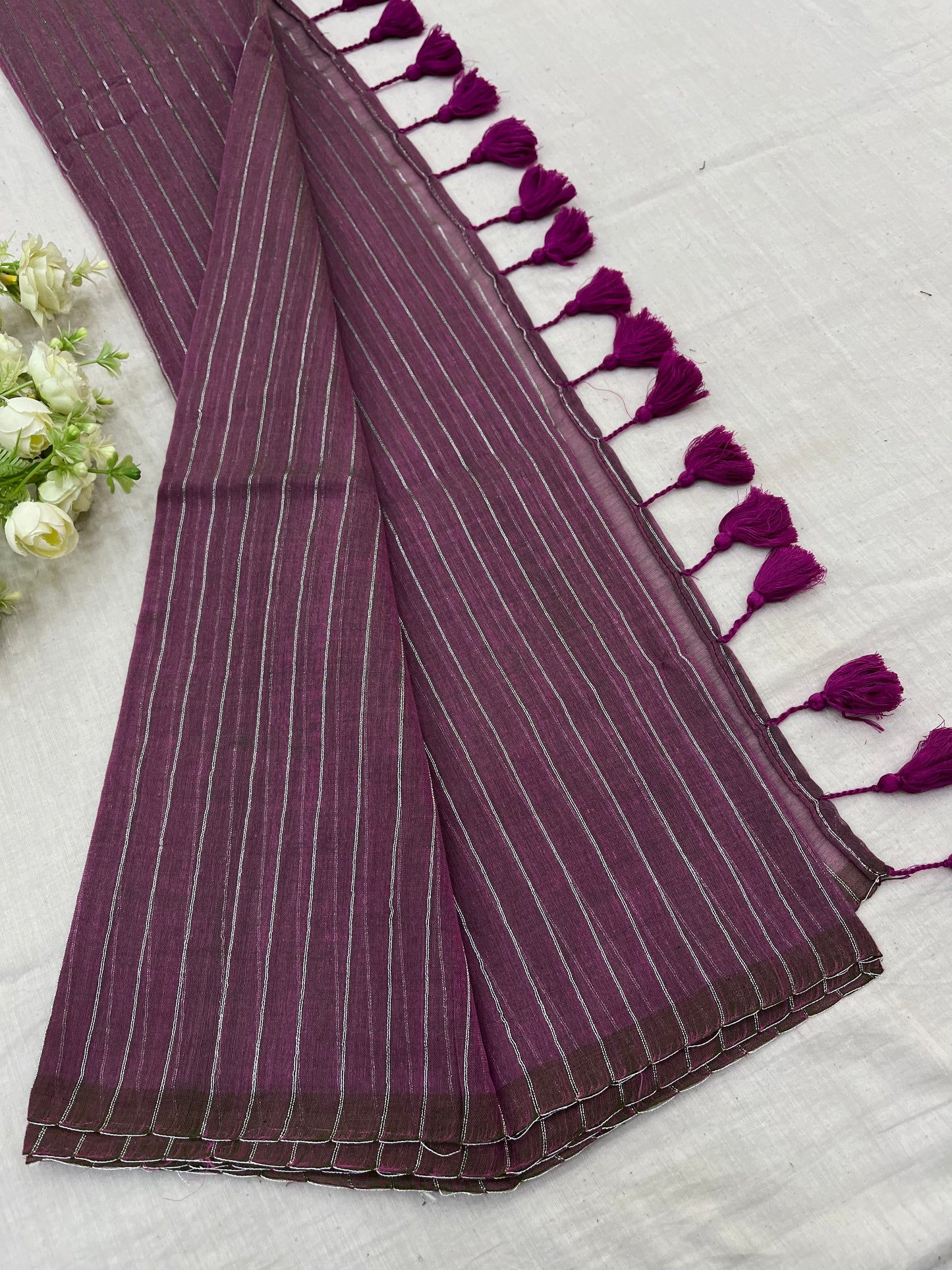 Anjeri Purple Silver Zari Lines Mulmul Saree