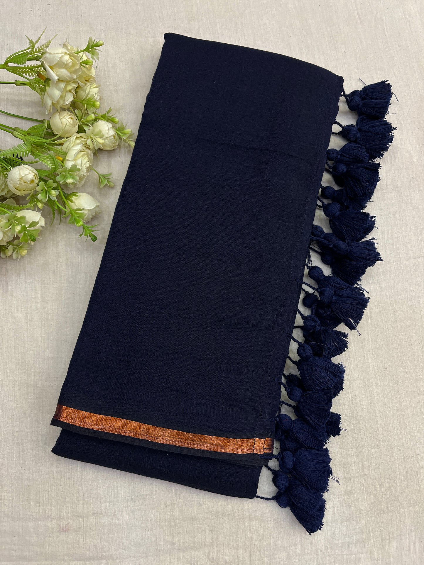 Navy Blue Copper Zari Border Mulmul Saree