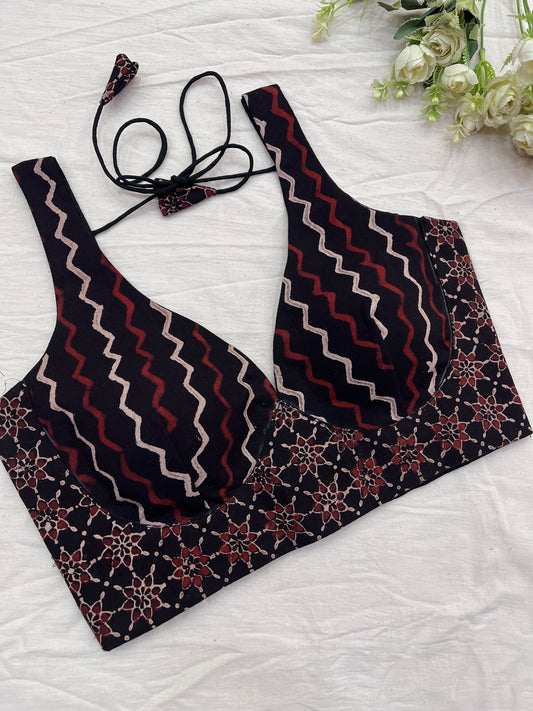 Black & Maroon Ajrakh Print Sleeveless Blouse