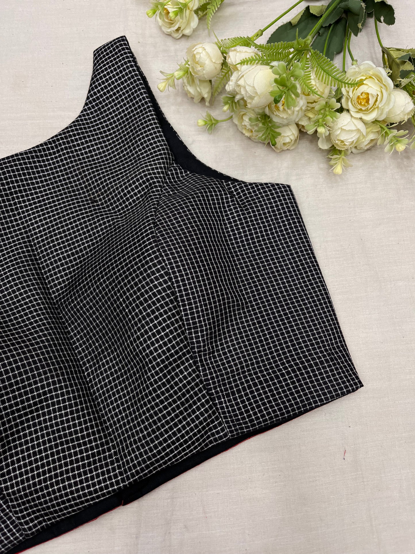 Black Boat Neck Ilkal Checks Sleeveless Blouse