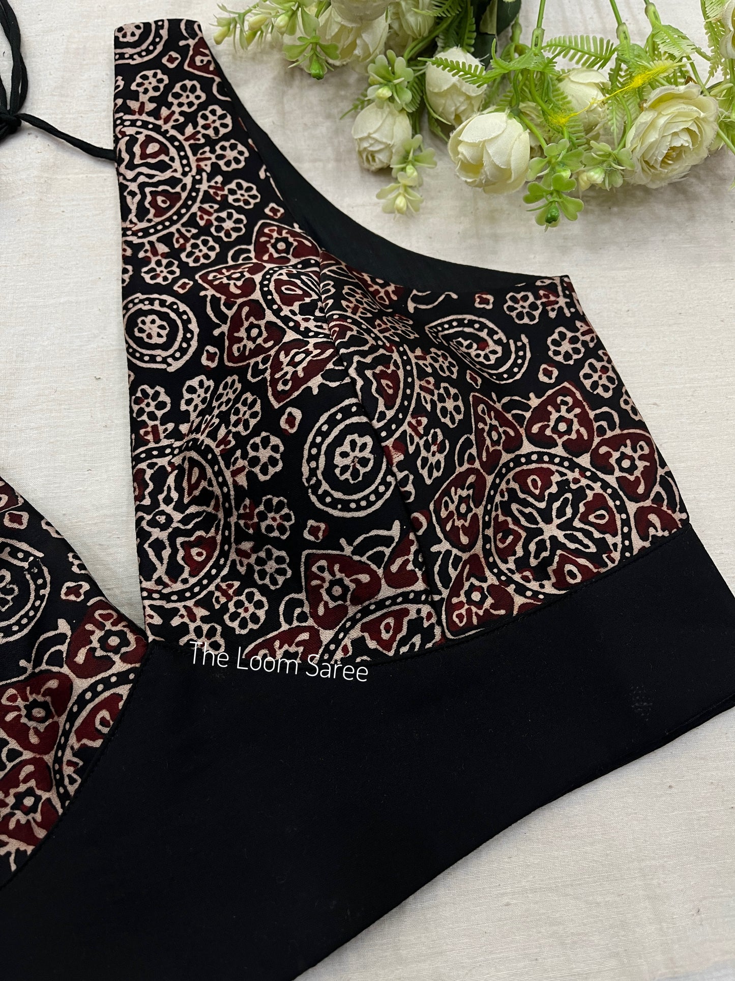 Black Polka Badam Ajrakh Saree Blouse Combo Set.