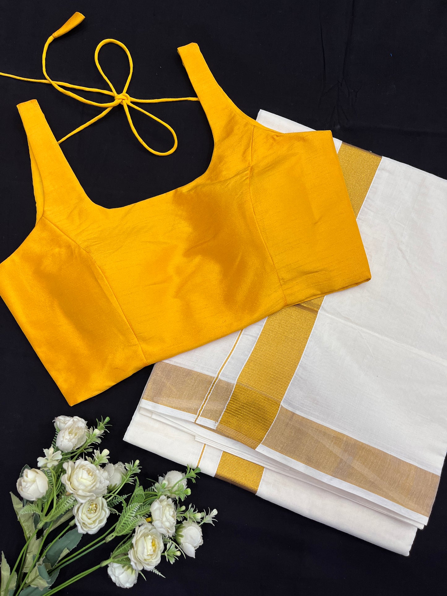 Yellow Cream Saree Blouse Combo Set.