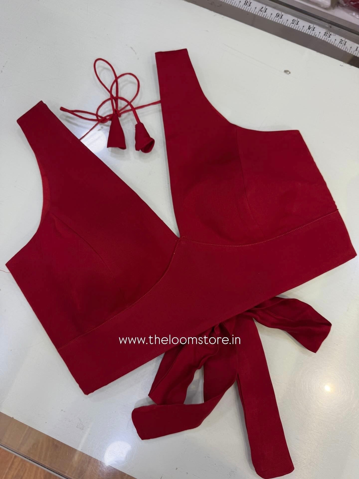 Red Modal Silk Cross Belt Knot Blouse