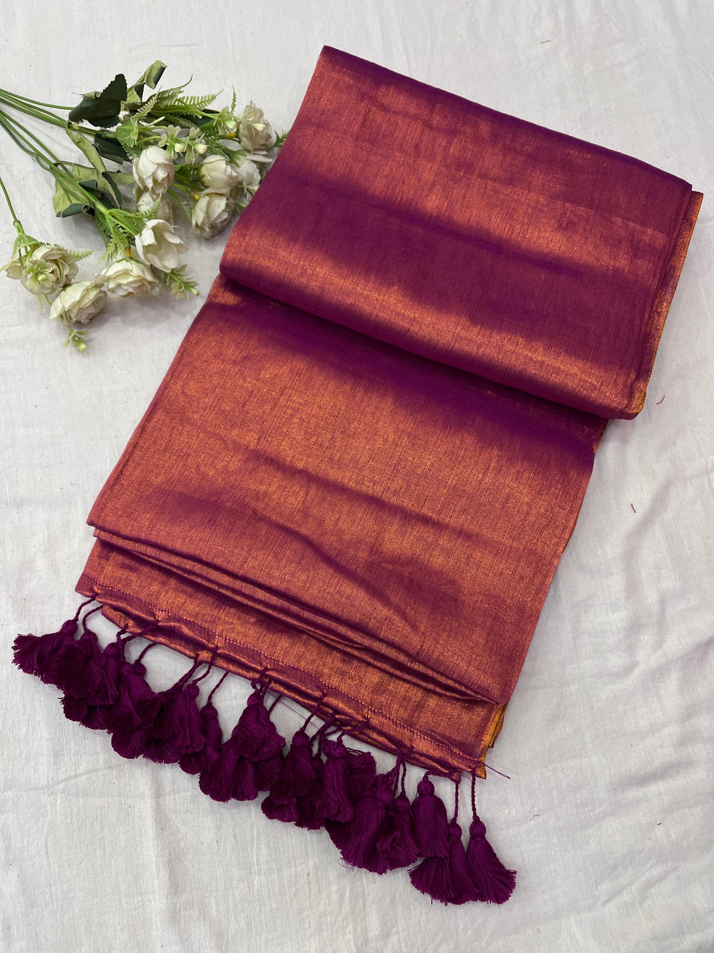 Purple Copper Tissue Mulmul Saree