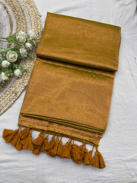 Gold Green Tissue Mulmul Saree