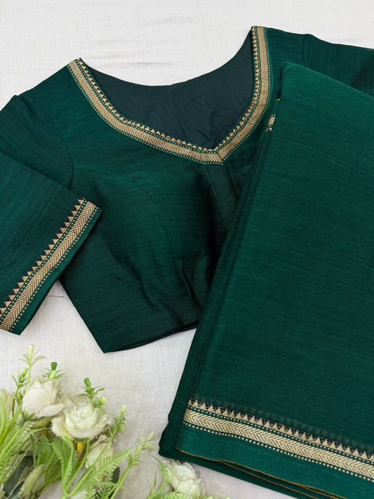 Emerald green Narayanpet handloom saree with stitched blouse and