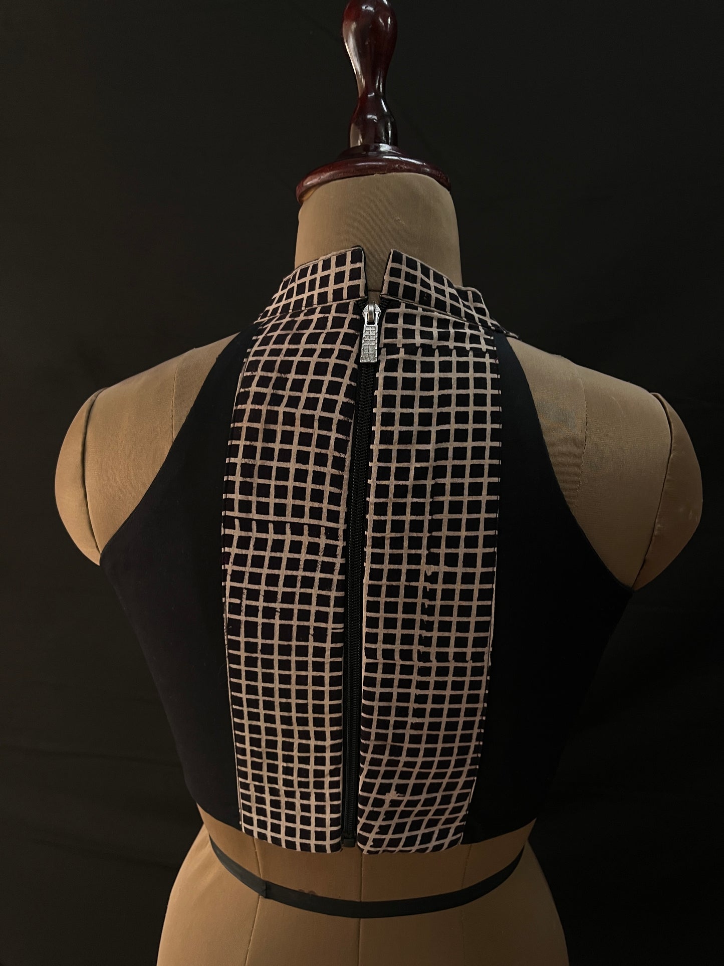 Cream Black Checks Crop-Top Blouse