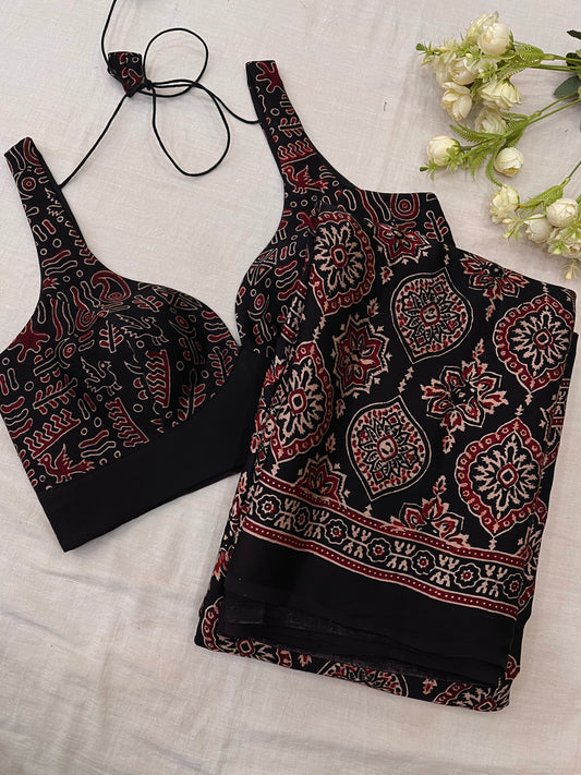 Black Maroon Badam Block Ajrakh Print Modal Silk Saree Blouse Combo Set