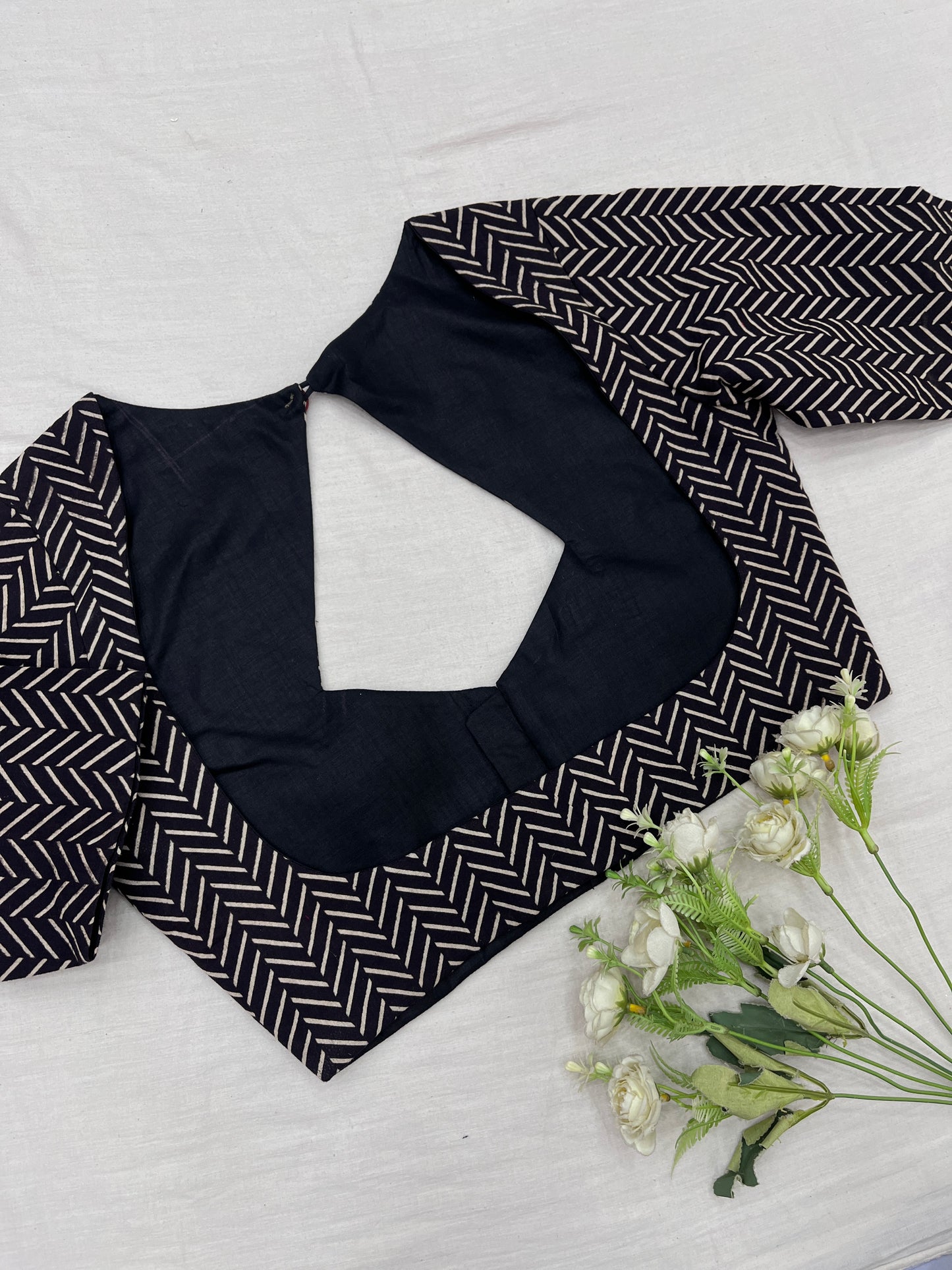 Rusty Black Badam Ajrakh Cotton Saree Blouse Set