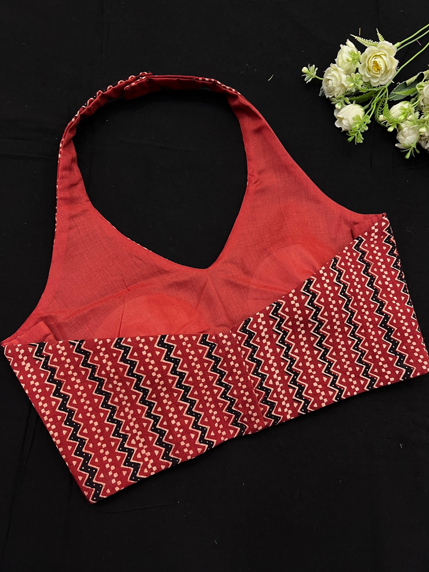 Rustic Black Ajrakh Print Cotton Crop Top