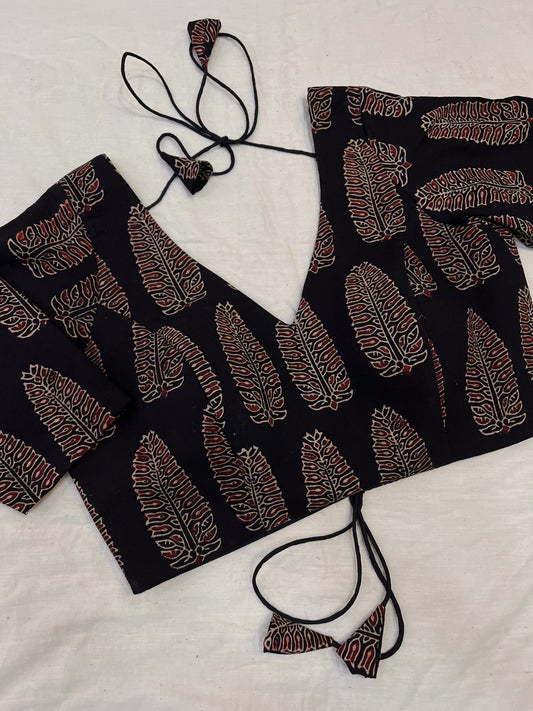 Paan Ajrakh Block Print Black Elbow Sleeves Blouse