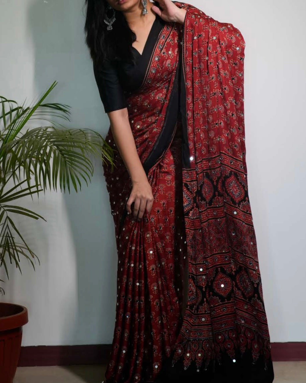 KumKum Jalna Mirror Ajrakh Modal Silk Saree (Pre Order Dispatch Jan 15th)