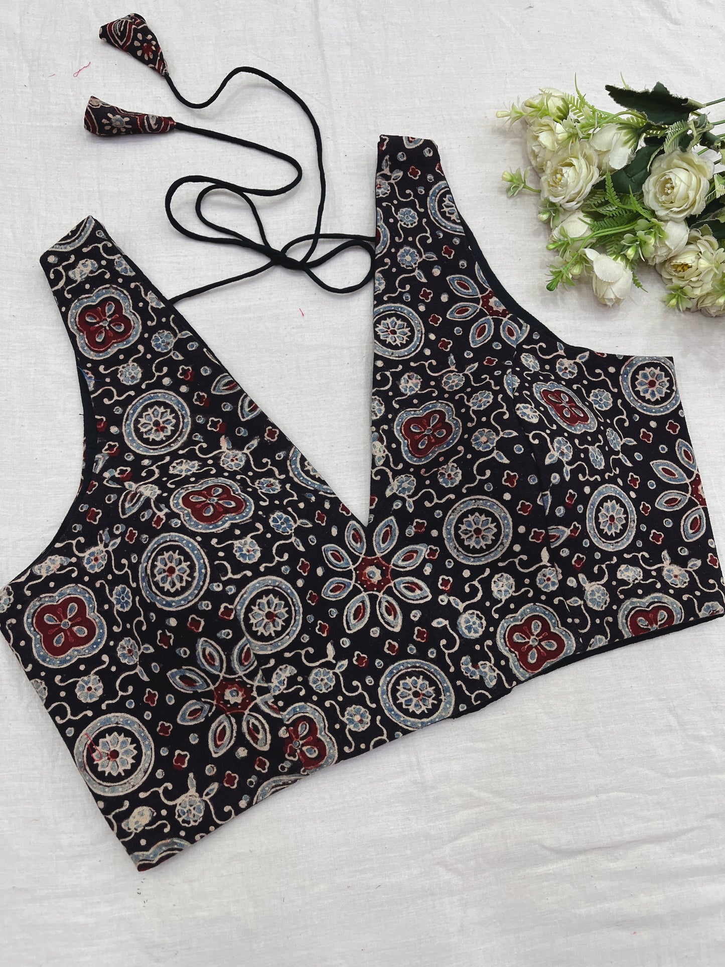 Grey Black Ajrakh Sleeveless Blouse