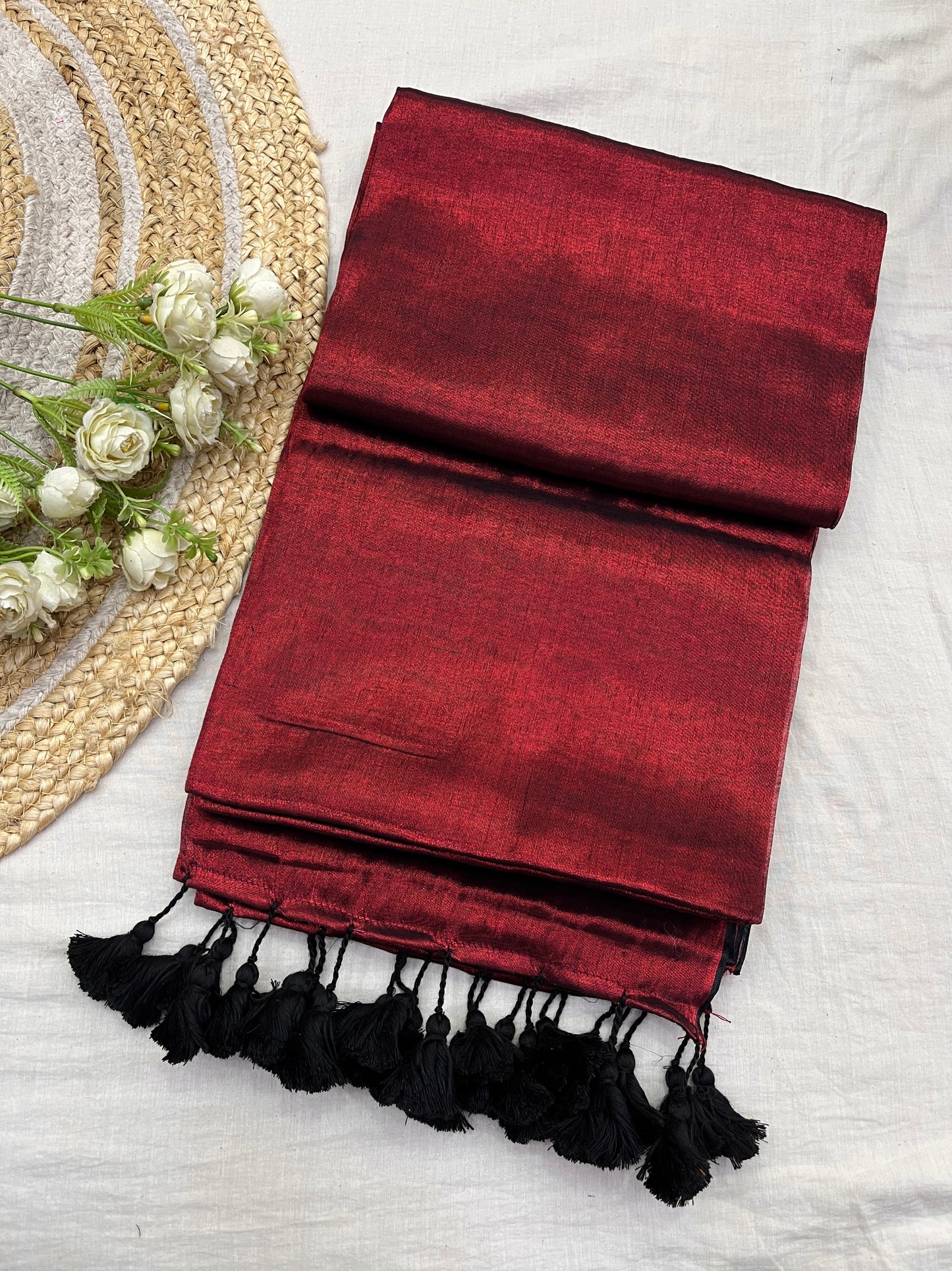 Maroon Black Tissue Mulmul Saree