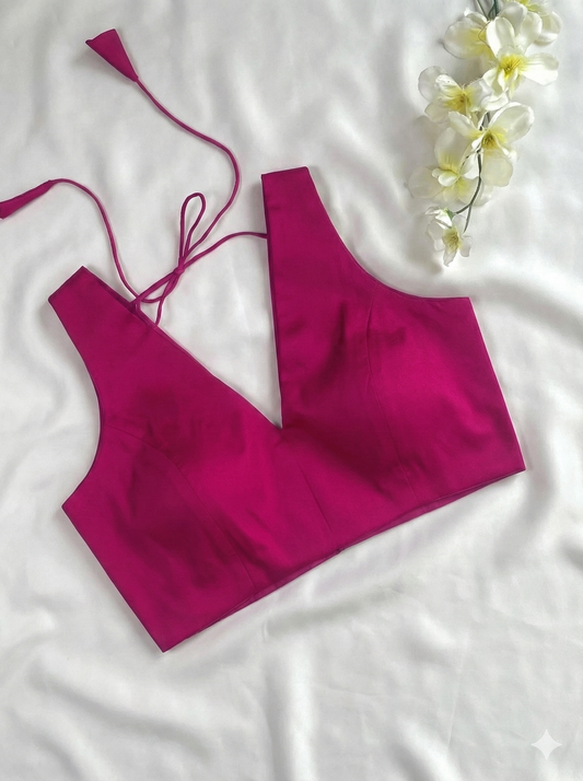 Hot Pink V Neck Silky Cotton Sleeveless Blouse