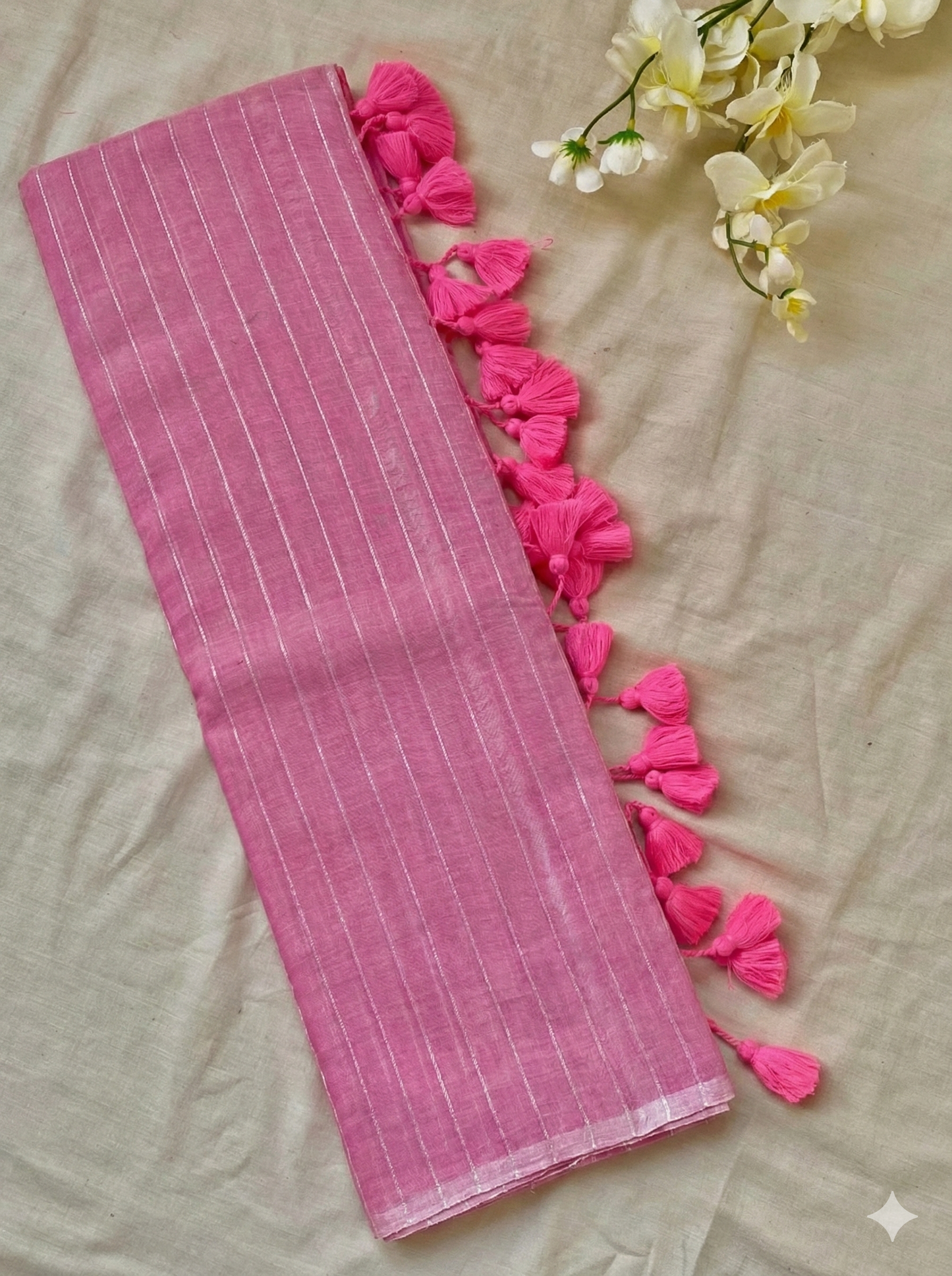 Pink Zari Lines Mulmul Saree