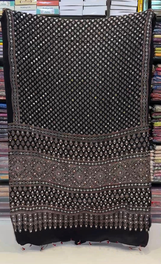 Black Lotus Jalna Ajrakh Mirror Saree (Dispatch Start 10th Jan)