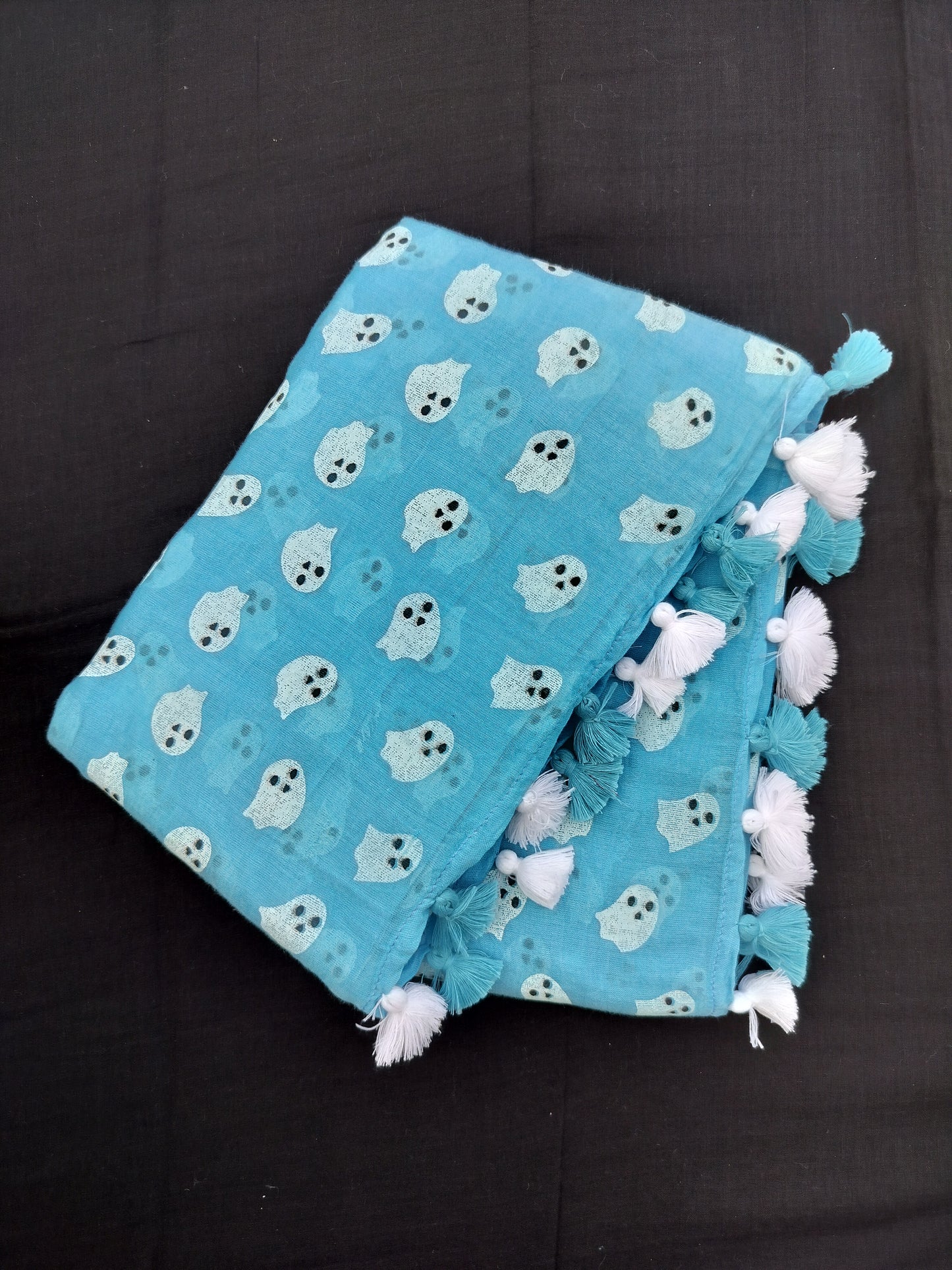 Sky Blue Ghost Print Mulmul Saree