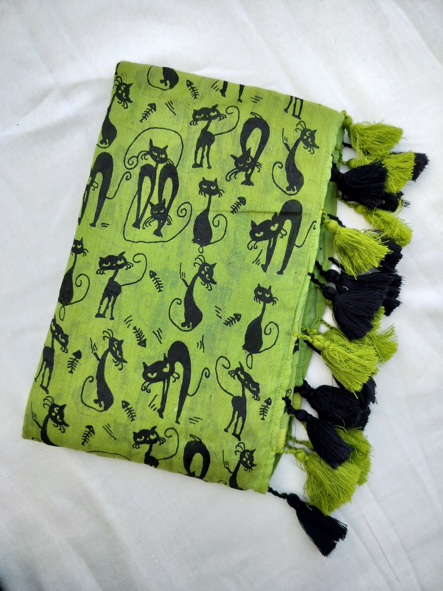 Green Black Cat Print Mulmul Saree