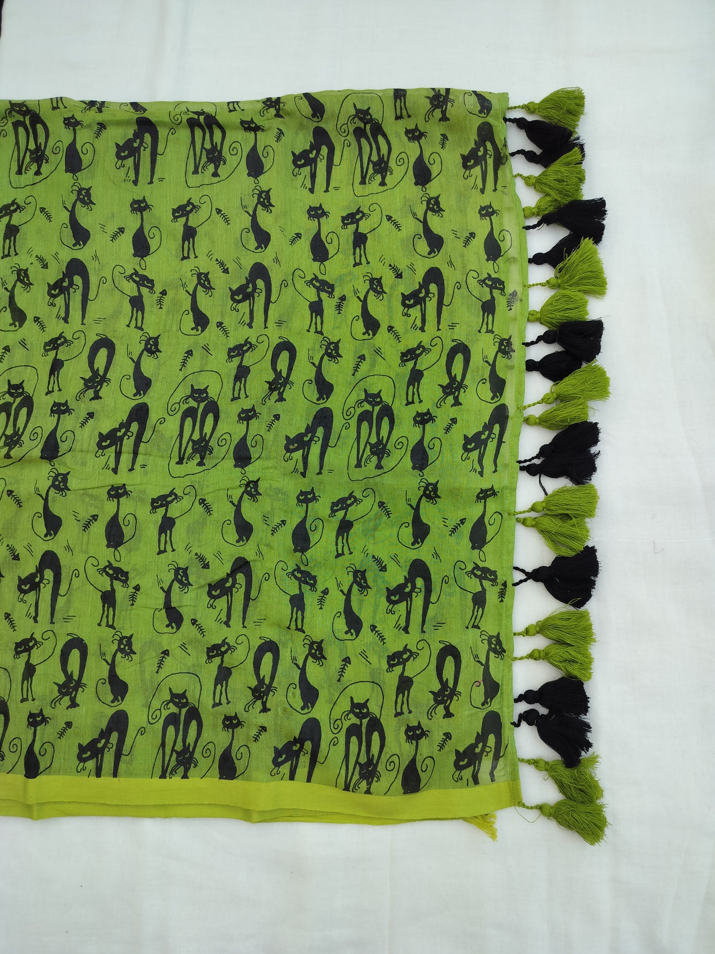 Green Black Cat Print Mulmul Saree