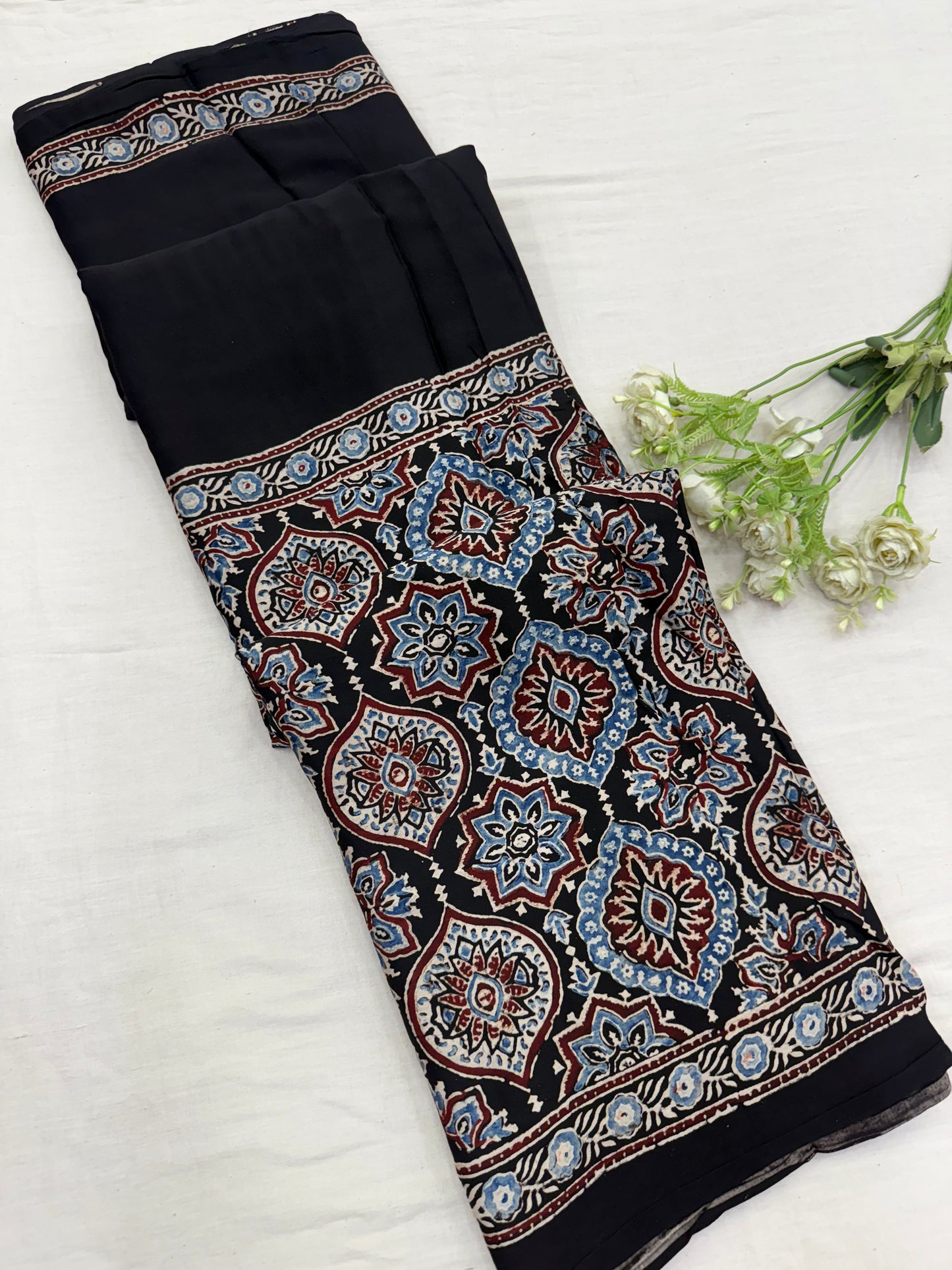 Raag Badam Black Ajrakh Print Modal Silk Saree