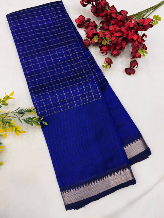 Blue Silver Checks Mangalgiri Handloom Sarees