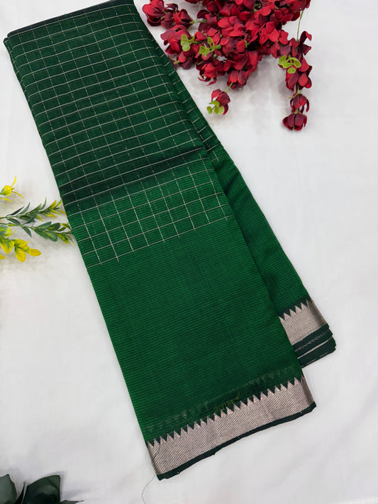 Green Silver Checks Mangalgiri Handloom Sarees